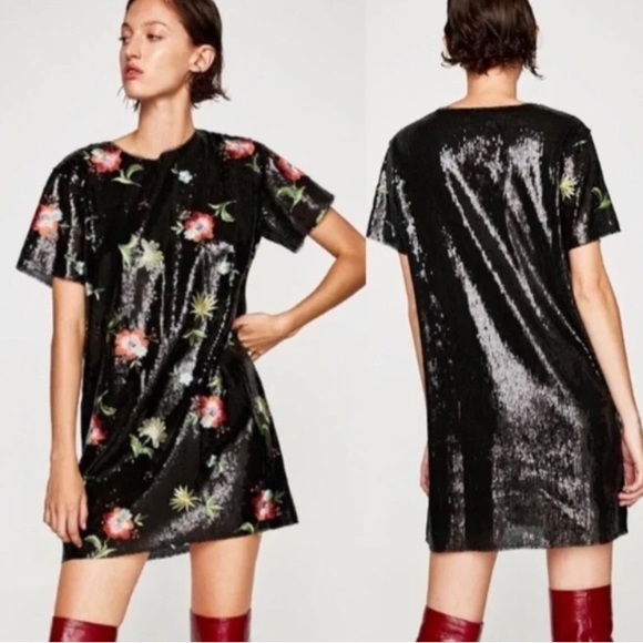 ZARA Black Sequins Mini Embroidered Floral Dress - Size Large - Picture 15 of 17